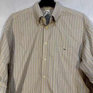 Lacoste Men's Long Sleeve Button Up Shirt Tan Striped Size XL (45) Preppy Dress